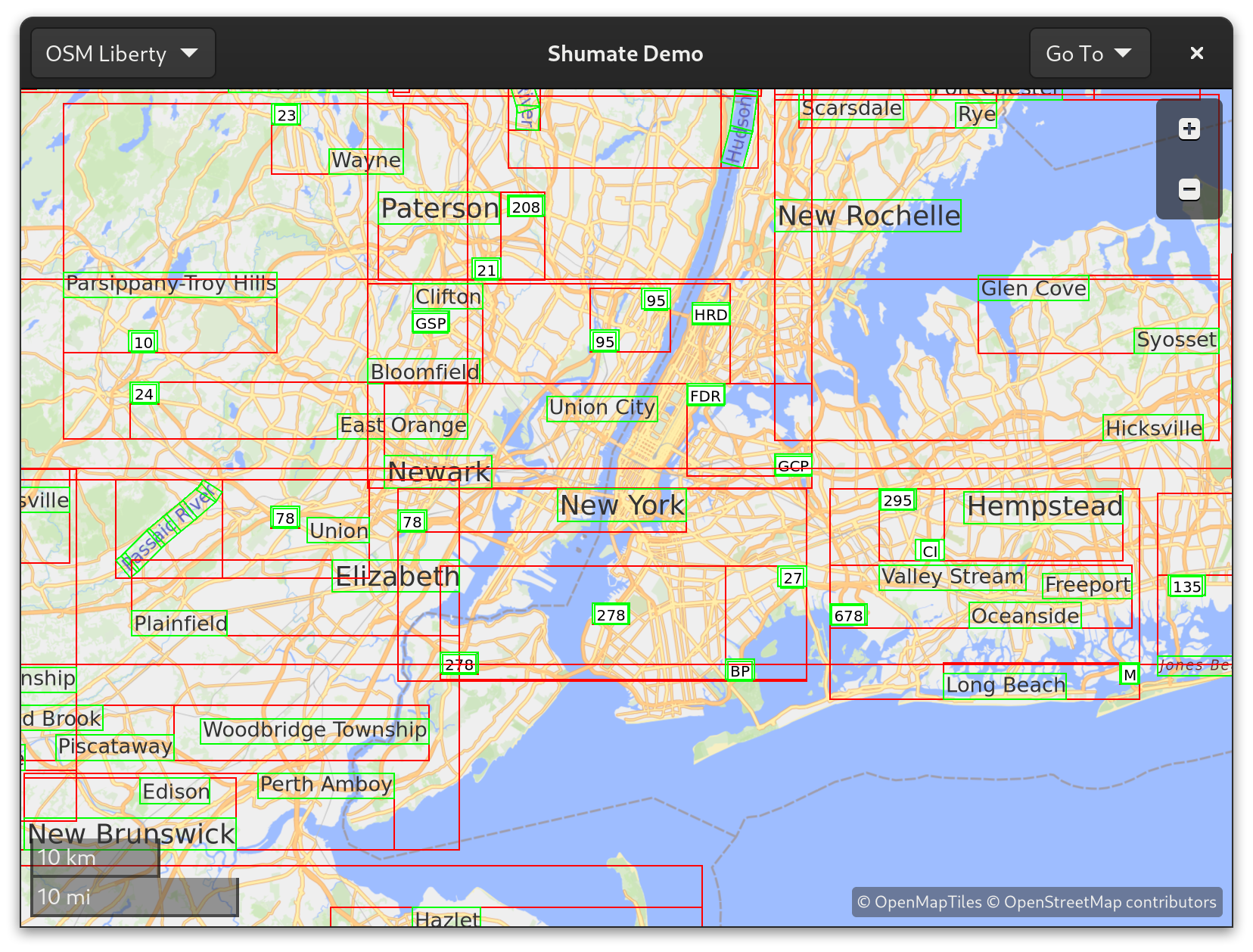 A screenshot of the Shumate demo with green outlines around each label, with red outlines grouping multiple labels together.