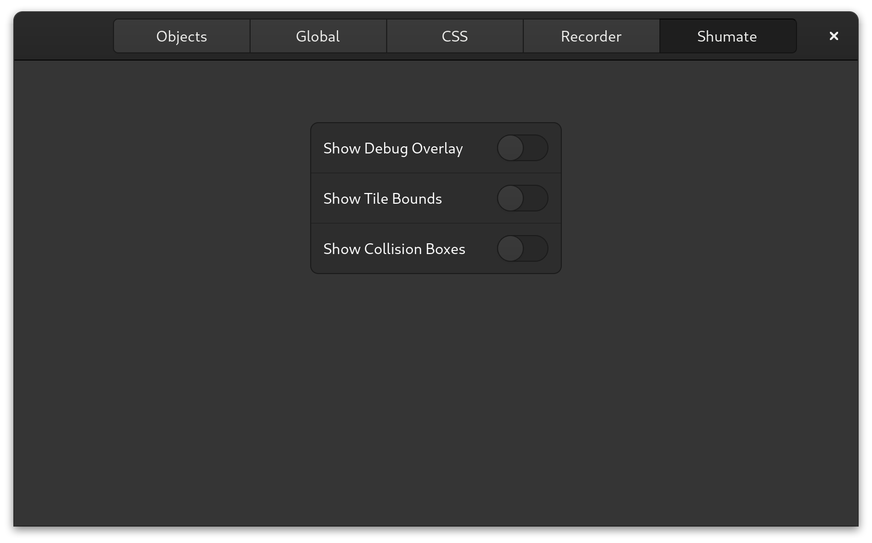 The Shumate inspector page with three switches: "Show Debug Overlay", "Show Tile Bounds", and "Show Collision Boxes".